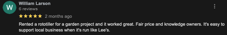 Customer review of Lee's Rent It