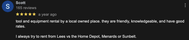 Customer review of Lee's Rent It